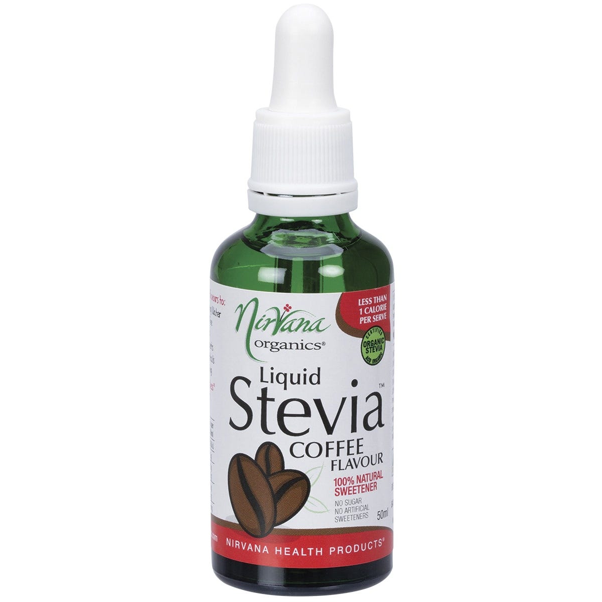 50ml bottle of Nirvana Organics Liquid Stevia Coffee flavour with a dropper lid and a brown label.