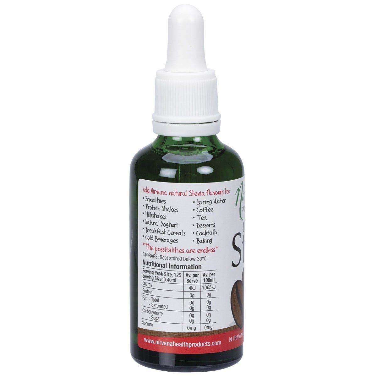 Nirvana Organics Liquid Stevia Coffee 50ml bottle with a dropper lid, shown from a side angle with a brown label.