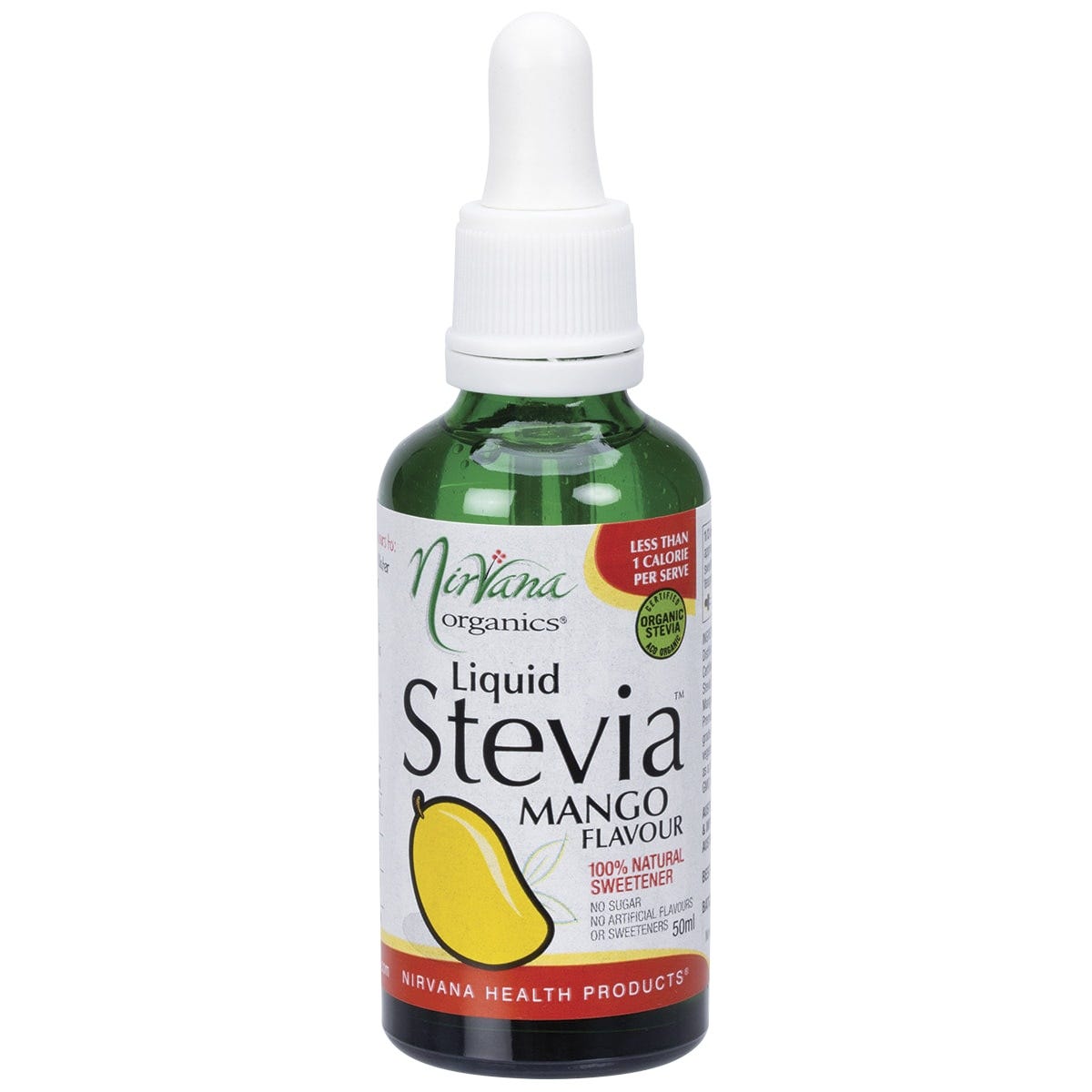 Nirvana Organics Liquid Stevia Mango 50ml glass bottle with a dropper lid and a vibrant orange label.