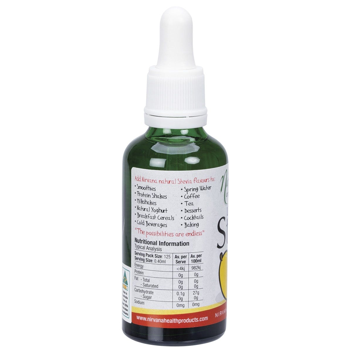 Nirvana Organics Liquid Stevia Mango 50ml glass bottle with a dropper lid, shown from a left-side angle.