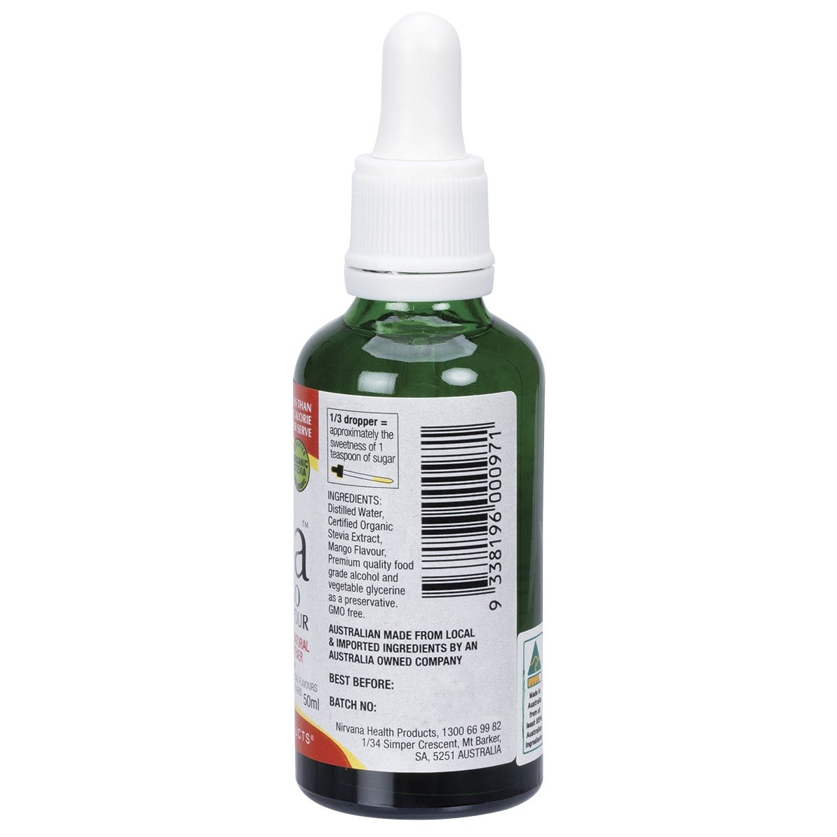 Right side of Nirvana Organics Liquid Stevia Mango 50ml bottle showing nutrition facts and ingredients.