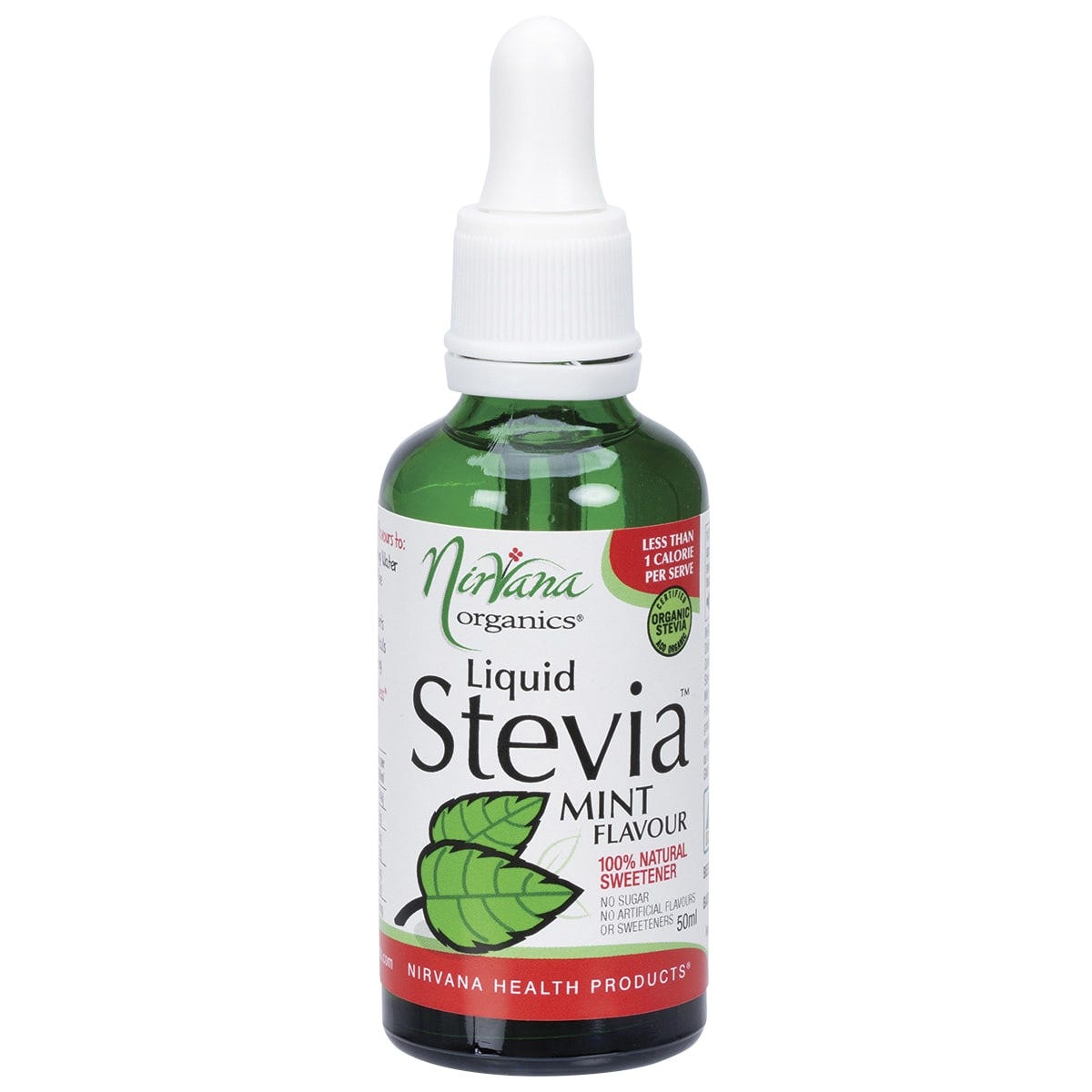 Nirvana Organics 50ml liquid stevia mint bottle with a dropper cap and green leaf illustrations.