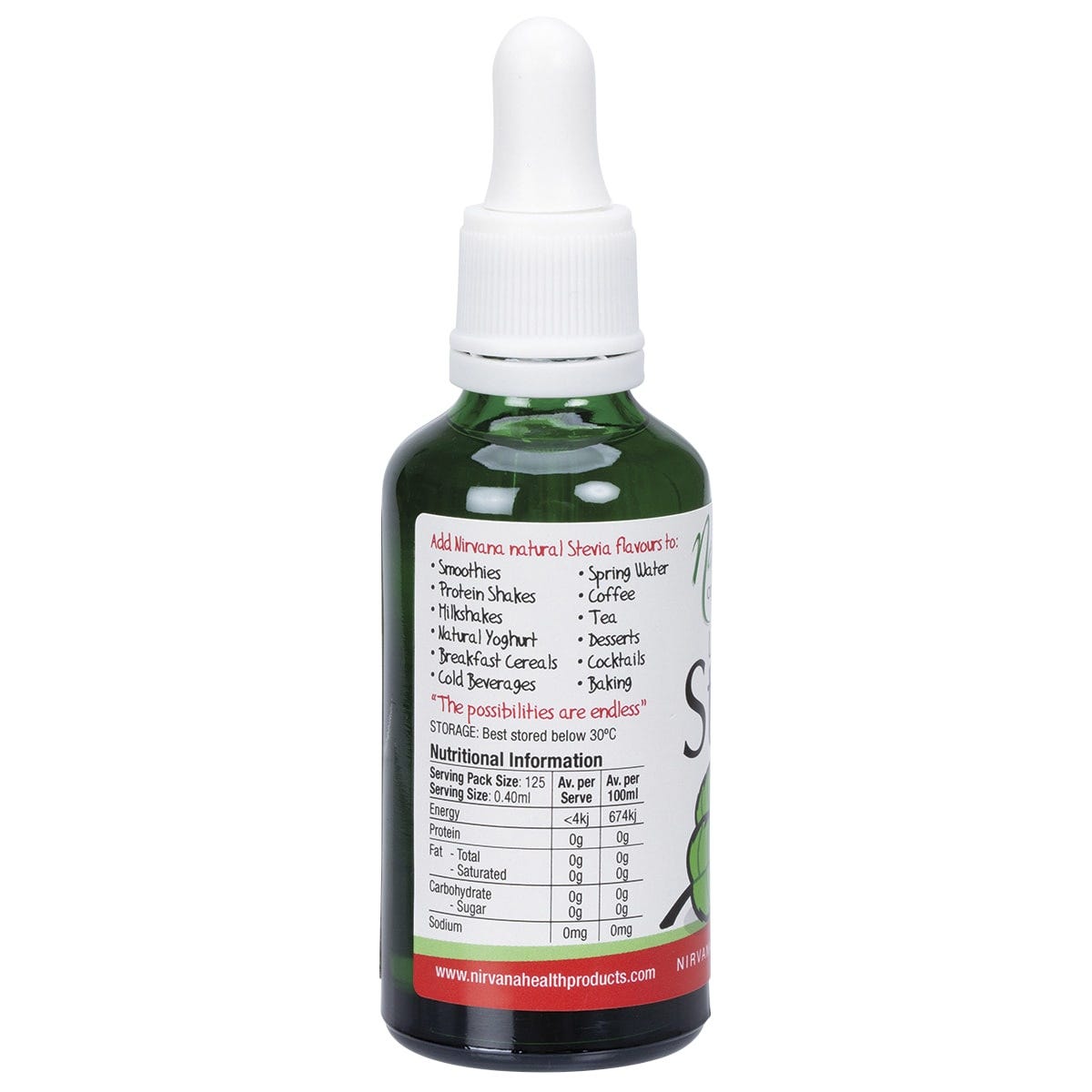 Side view of a 50ml bottle of Nirvana Organics Mint Liquid Stevia highlighting the organic certification label.