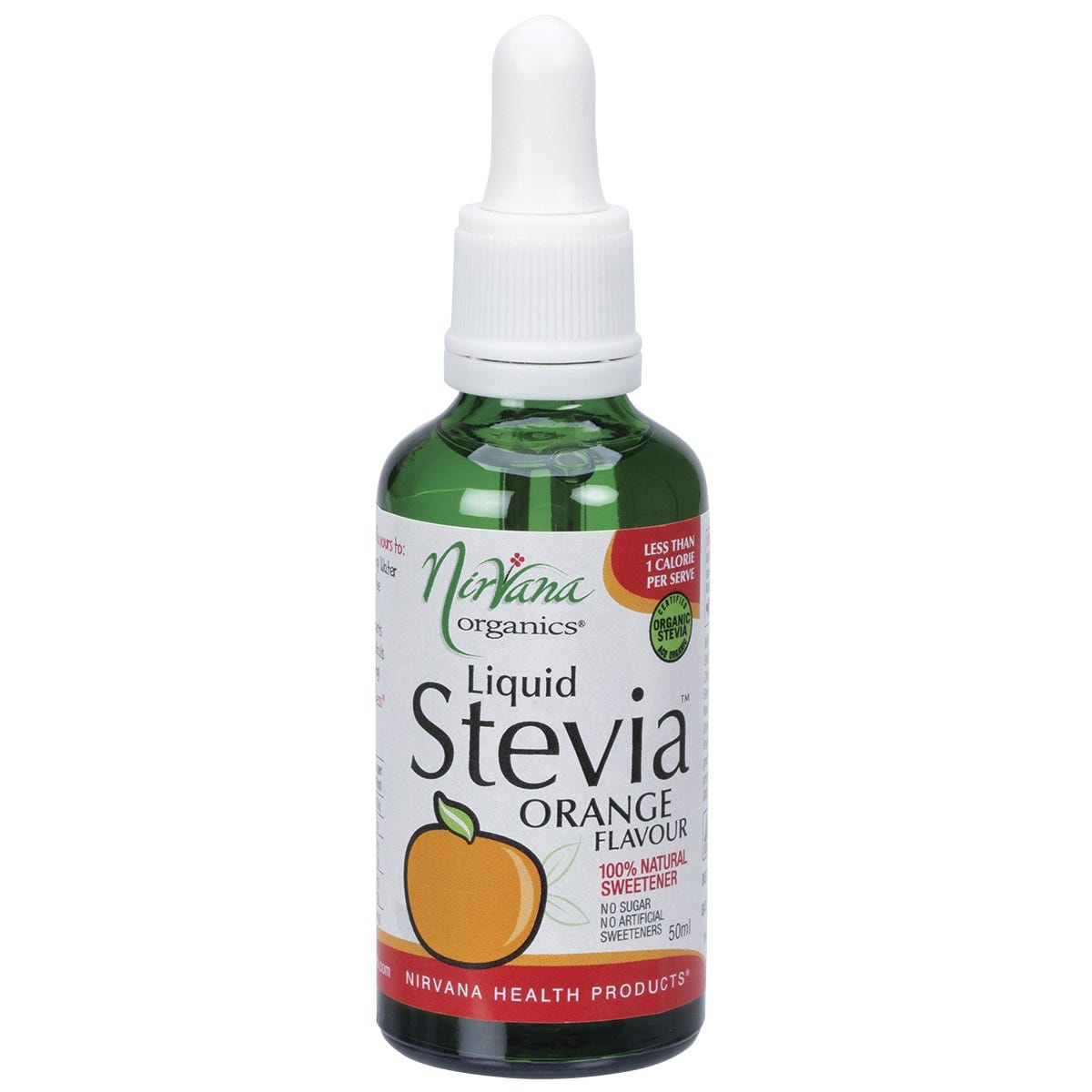 50ml bottle of Nirvana Organics Liquid Stevia Orange flavor with a dropper cap and orange segment illustrations.