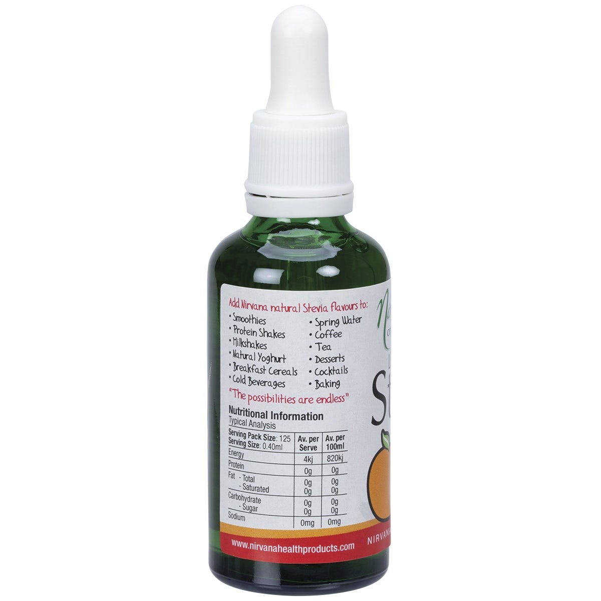 Nirvana Organics Liquid Stevia Orange 50ml bottle with a dropper cap, shown from a side angle.