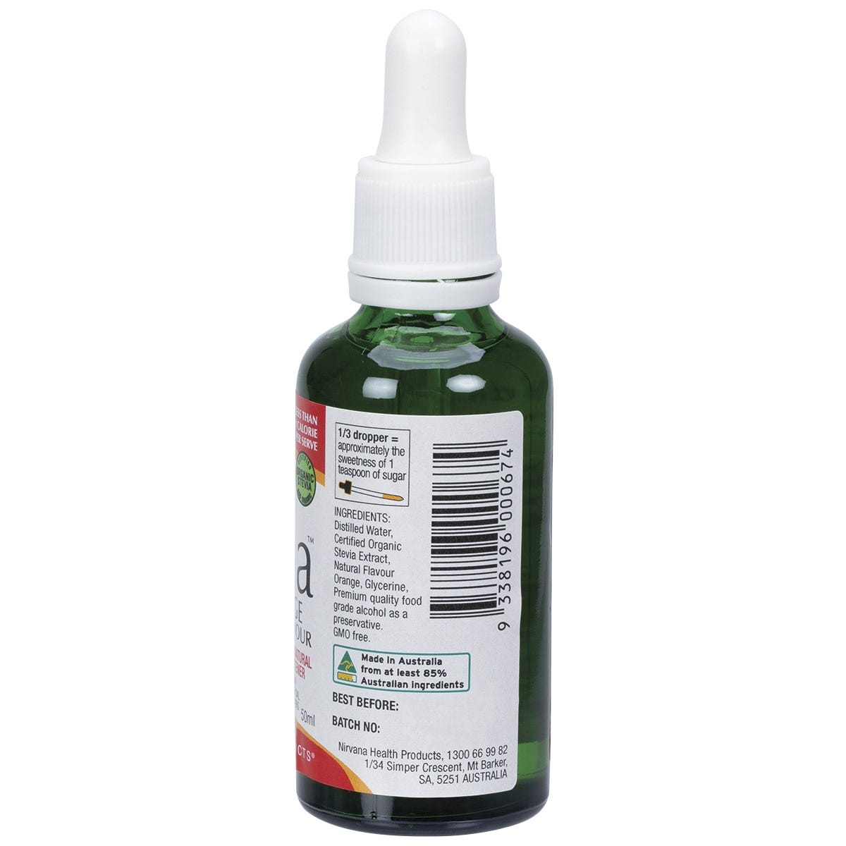 Side view of Nirvana Organics Liquid Stevia Orange 50ml bottle showing nutrition facts and ingredients.