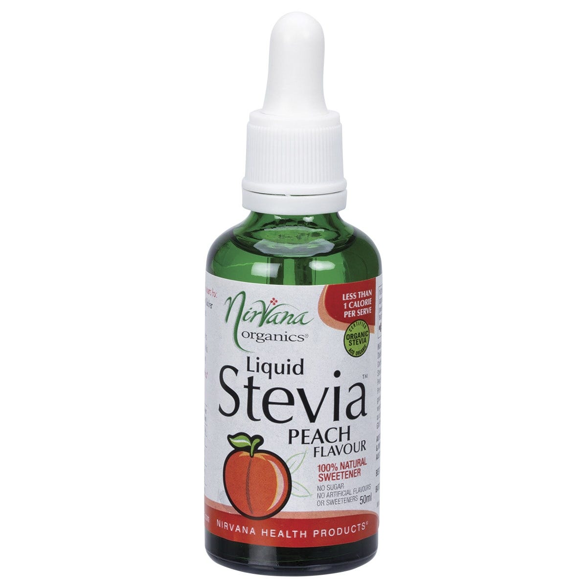 Nirvana Organics Liquid Stevia Peach 50ml bottle with a dropper lid and a light orange label featuring peach illustrations.