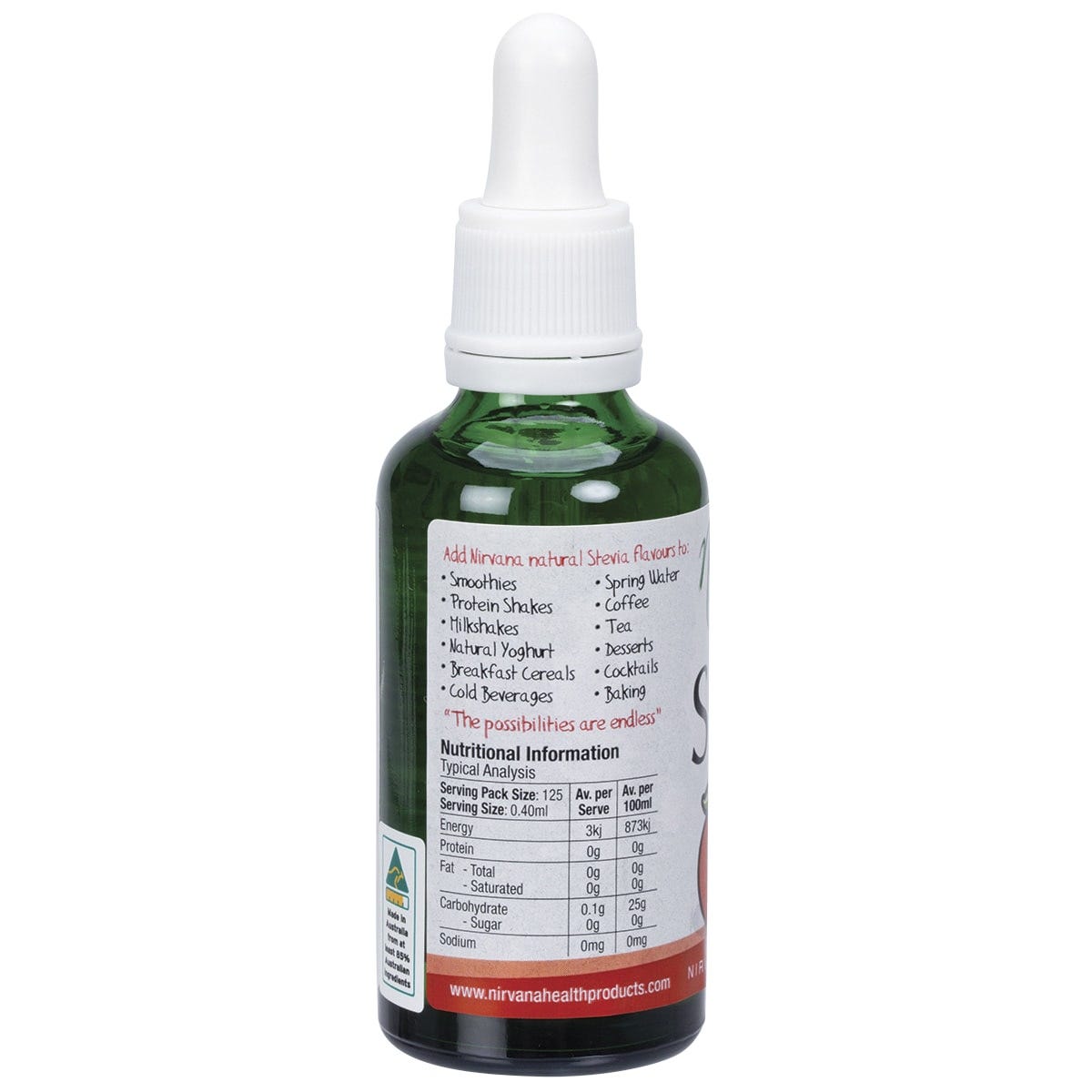 Nirvana Organics Liquid Stevia Peach 50ml bottle with a dropper lid, tilted left on a white background.