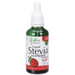 50ml bottle of Nirvana Organics Raspberry Liquid Stevia with a dropper cap and a red and white label.