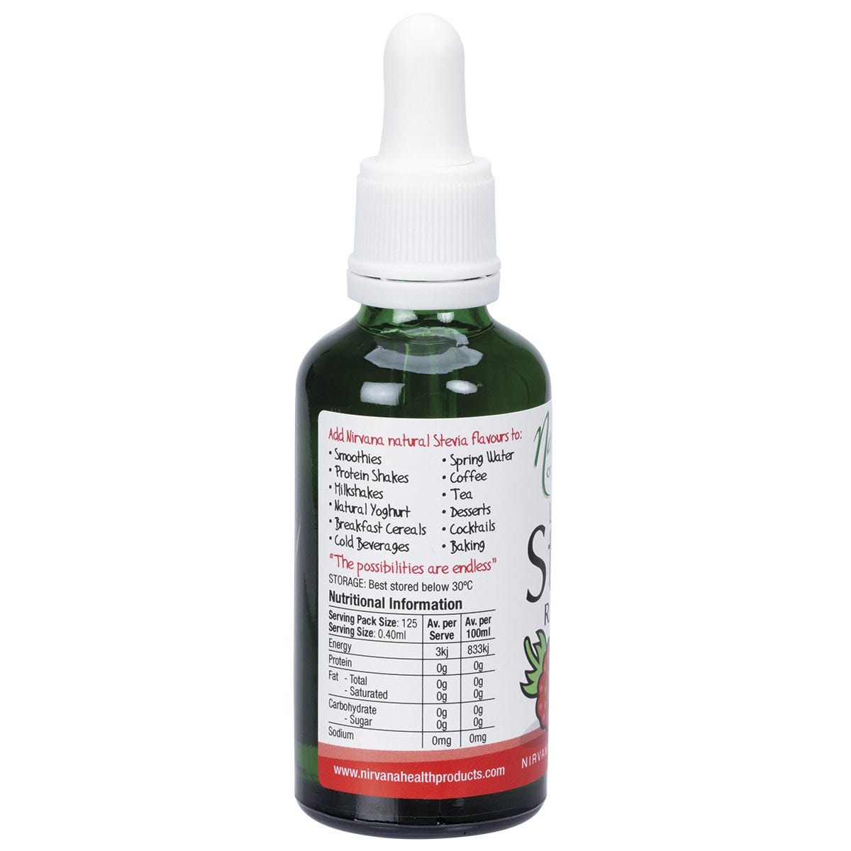Nirvana Organics Raspberry Liquid Stevia 50ml bottle shown from a side angle on a white background.