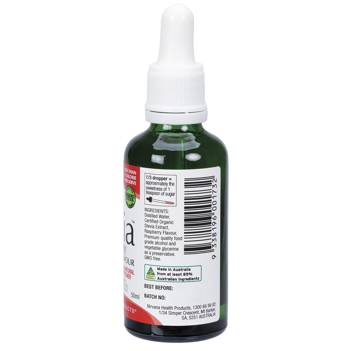 Right side of Nirvana Organics Liquid Stevia Raspberry 50ml bottle showing product info and red floral label.