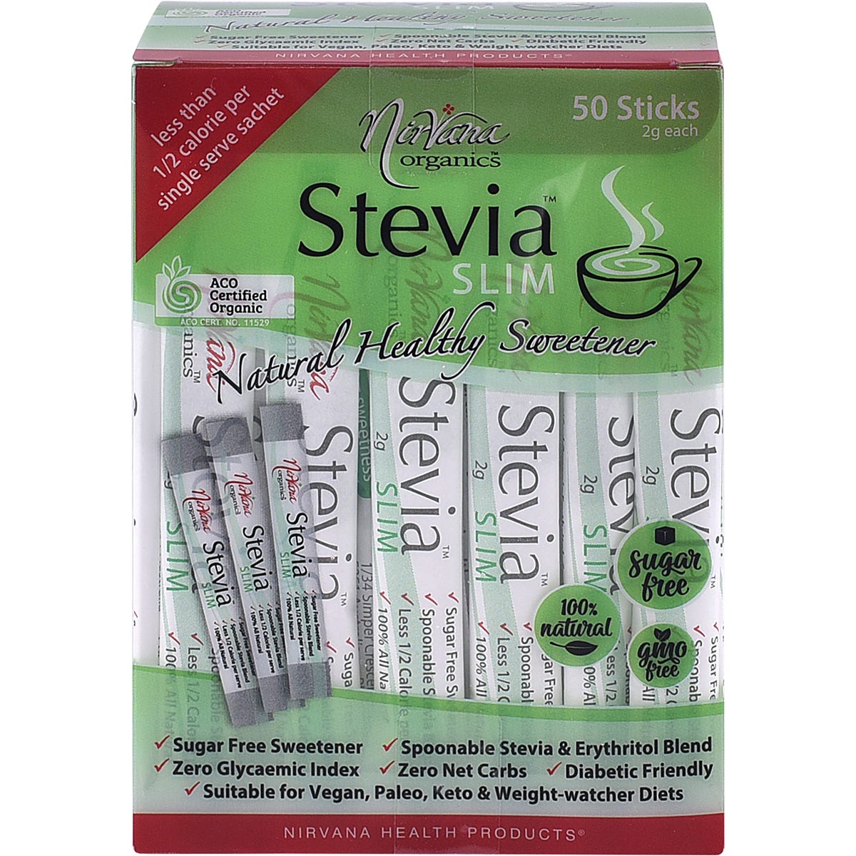 Nirvana Organics Stevia Slim Sticks box and single sachet, featuring 50 x 2g organic sweetener servings.