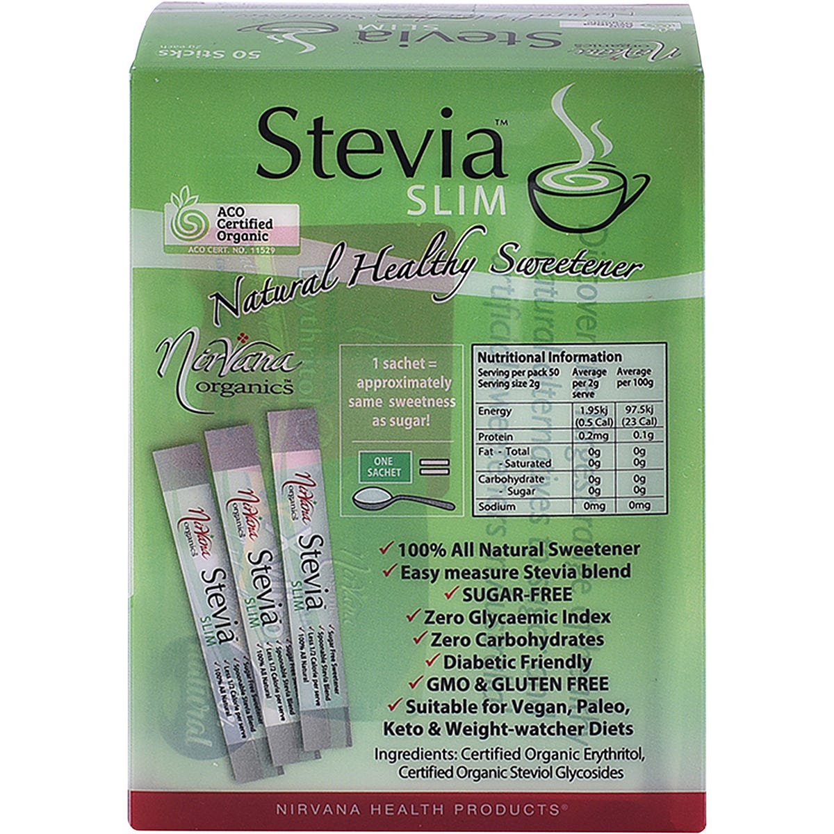 Rear view of the Nirvana Organics Stevia Slim Sticks box showing nutritional information and product benefits.