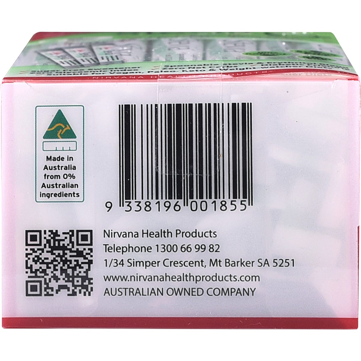 Bottom of a Nirvana Organics Stevia Slim Sticks box showing the barcode and Australian Made logo.
