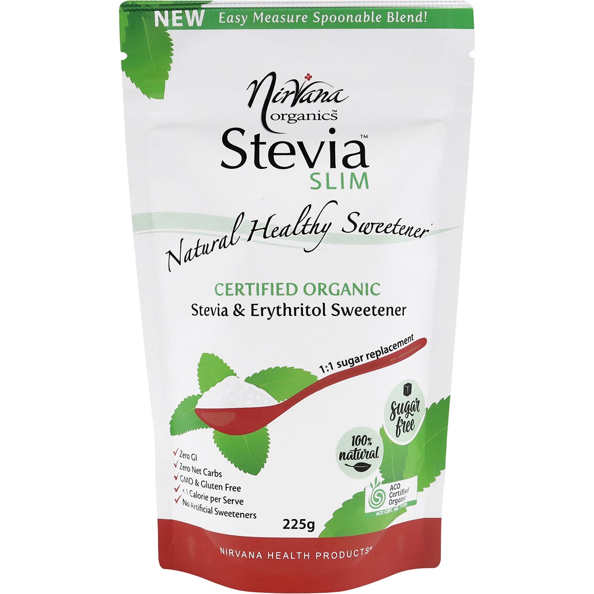 225g pouch of Nirvana Organics Stevia Slim Spoonable sweetener with green and white branding on a white background.