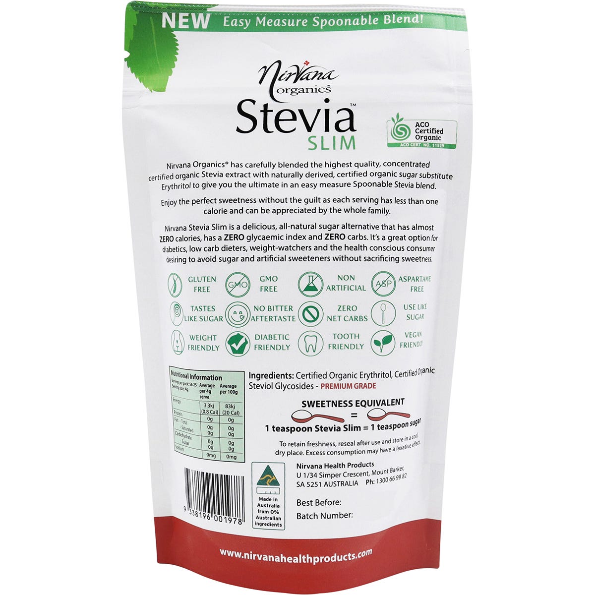 Back of Nirvana Organics Stevia Slim 225g pouch showing nutritional panel and product information.