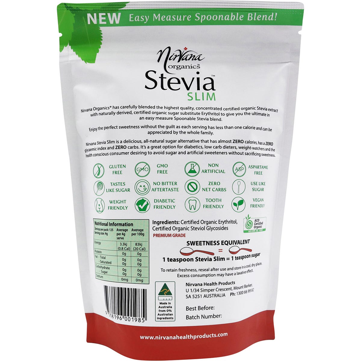 Back of Nirvana Organics Stevia Slim 500g pouch showing nutritional information and directions for use.