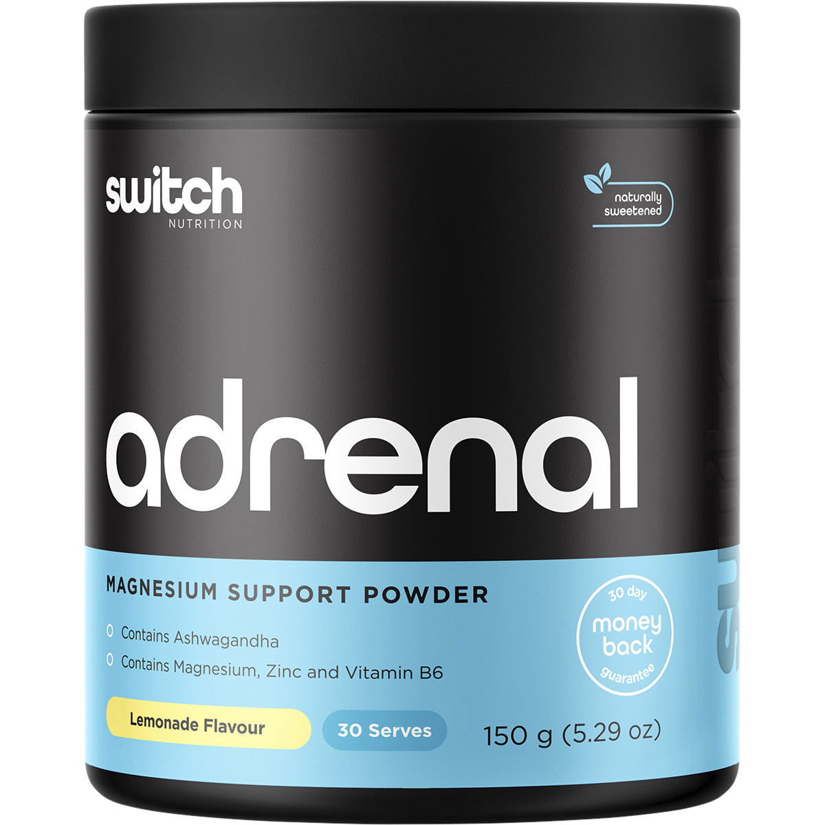150g tub of Switch Nutrition Adrenal Magnesium Support Formula in Lemonade flavor on a white background.
