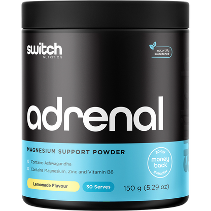 150g tub of Switch Nutrition Adrenal Magnesium Support Formula in Lemonade flavor on a white background.