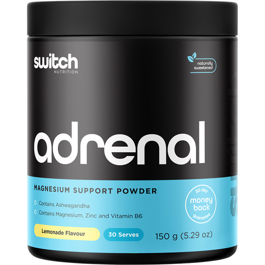 150g tub of Switch Nutrition Adrenal Magnesium Support Formula in Lemonade flavor on a white background.