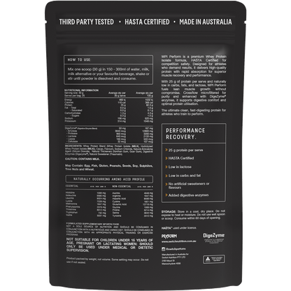 Rear of Switch Nutrition WPI Perform Chocolate Milk 750g tub showing nutrition facts and ingredients.