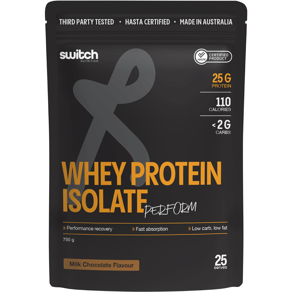 750g tub of Switch Nutrition WPI Perform Chocolate Milk HASTA certified whey protein isolate.