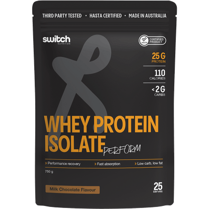 750g tub of Switch Nutrition WPI Perform Chocolate Milk HASTA certified whey protein isolate.