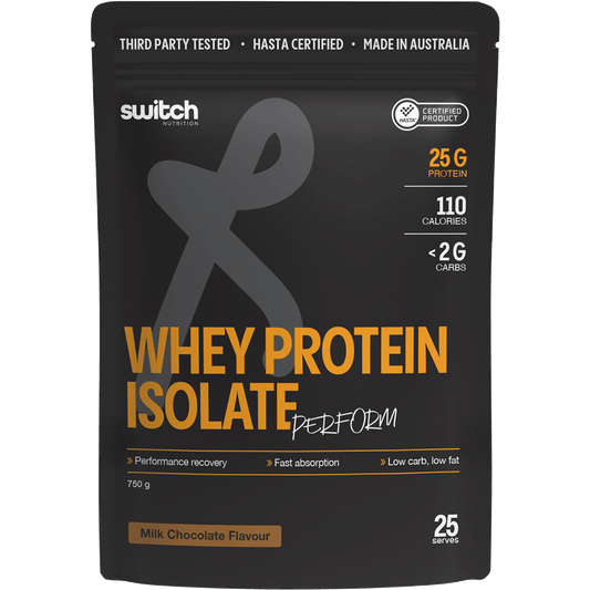 750g tub of Switch Nutrition WPI Perform Chocolate Milk HASTA certified whey protein isolate.