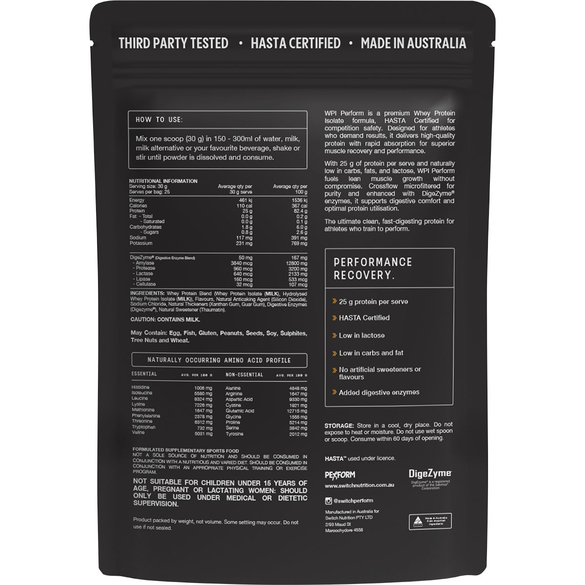 Back view of a 750g tub of Switch Nutrition Vanilla Whey Protein Isolate showing nutritional facts and ingredients.