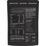 Back view of a 750g tub of Switch Nutrition Vanilla Whey Protein Isolate showing nutritional facts and ingredients.