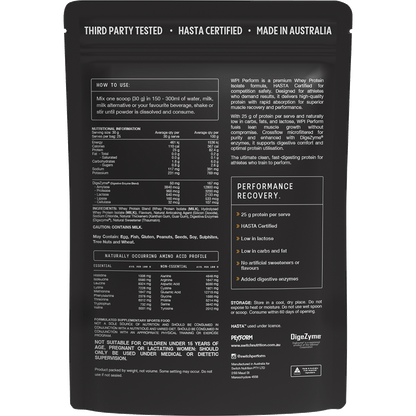 Back view of a 750g tub of Switch Nutrition Vanilla Whey Protein Isolate showing nutritional facts and ingredients.
