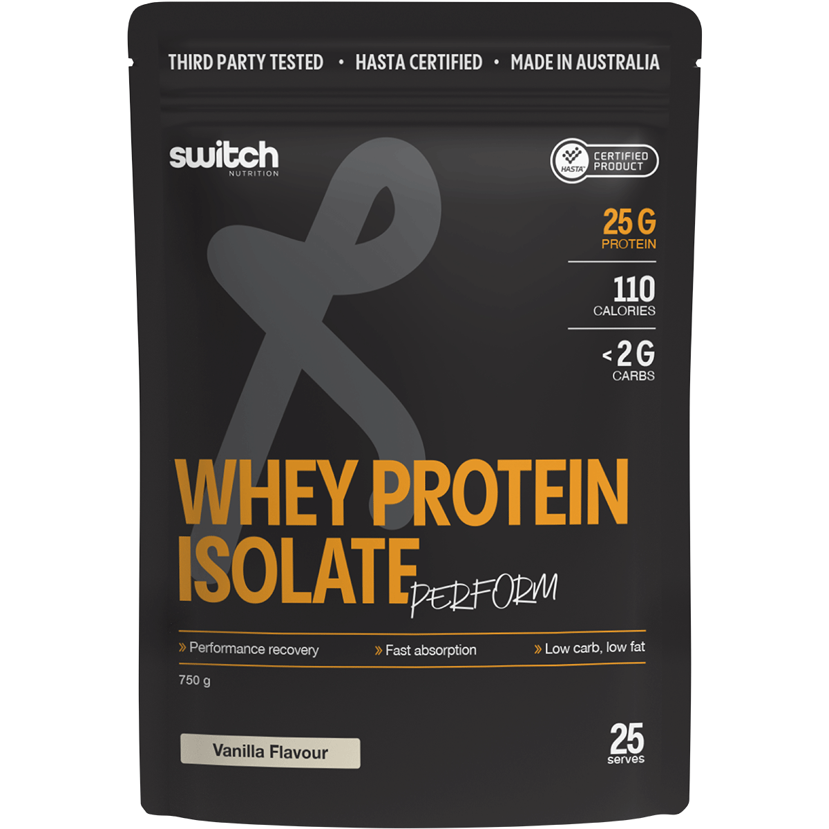 750g tub of Switch Nutrition Perform Vanilla Whey Protein Isolate with HASTA certification.