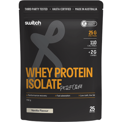 750g tub of Switch Nutrition Perform Vanilla Whey Protein Isolate with HASTA certification.