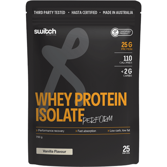 750g tub of Switch Nutrition Perform Vanilla Whey Protein Isolate with HASTA certification.