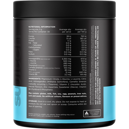 Back of a 150g Lemonade Adrenal Switch Magnesium tub showing nutritional information and ingredients.