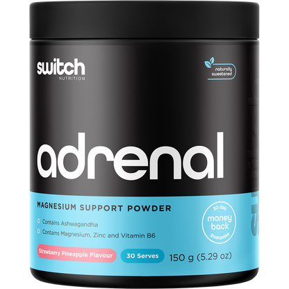 150g Strawberry Pineapple Adrenal Switch magnesium support formula tub by Switch Nutrition on a white background.