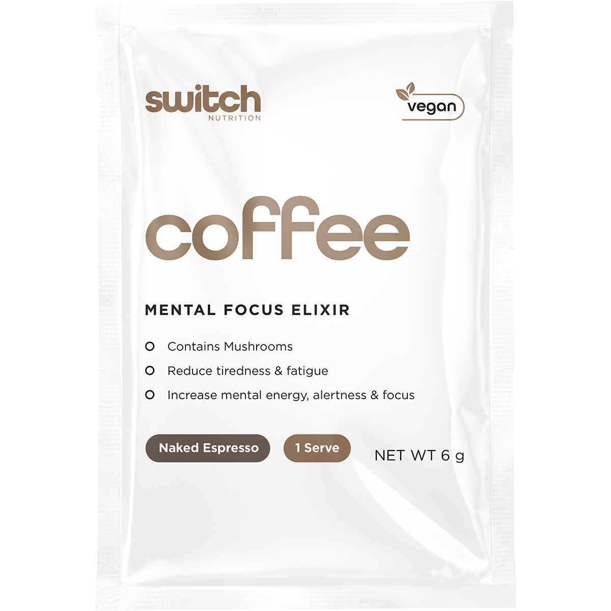 Single 6g sachet of Switch Nutrition Coffee Mental Focus Elixir in Naked Espresso flavor on a white background.