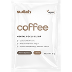 Single 6g sachet of Switch Nutrition Coffee Mental Focus Elixir in Naked Espresso flavor on a white background.