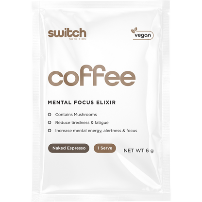 Single 6g sachet of Switch Nutrition Coffee Mental Focus Elixir in Naked Espresso flavor on a white background.