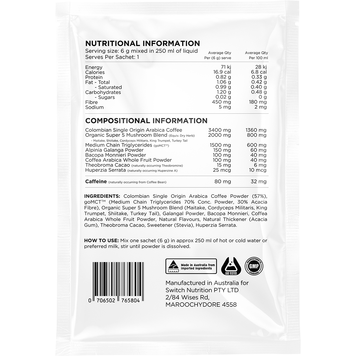 Back of a Switch Nutrition Naked Espresso sachet showing ingredients, nutrition facts, and directions.