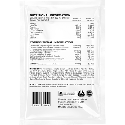 Back of a Switch Nutrition Naked Espresso sachet showing ingredients, nutrition facts, and directions.