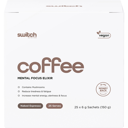 Front of a Switch Nutrition Naked Espresso box featuring a coffee cup and key health benefits on a white background.