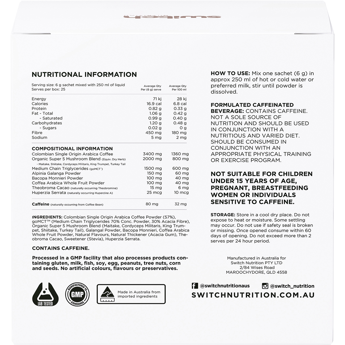 Back of Switch Nutrition Naked Espresso box with nutrition facts, ingredients, and key health benefits.