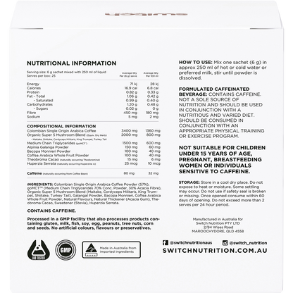 Back of Switch Nutrition Naked Espresso box with nutrition facts, ingredients, and key health benefits.