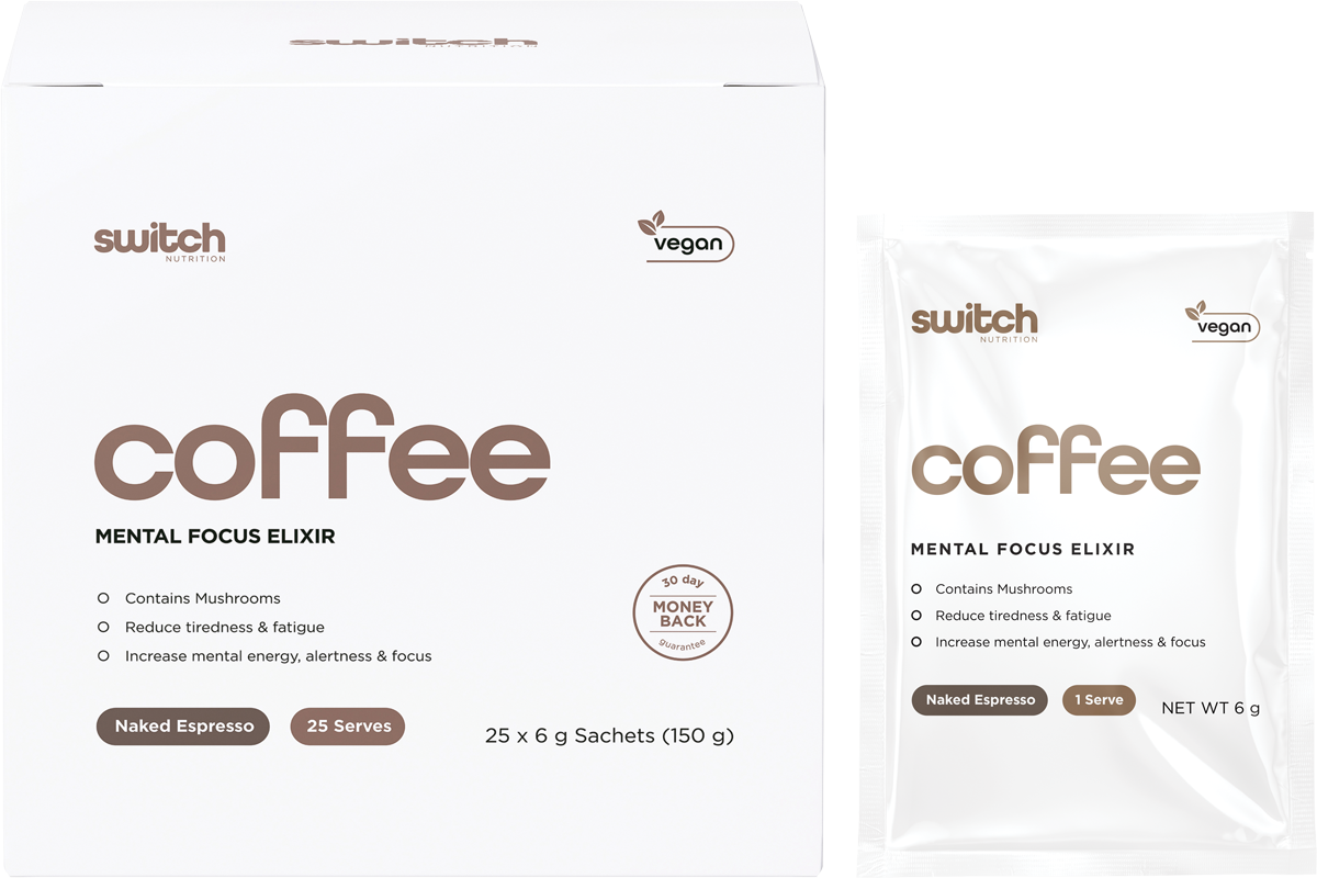 25-pack box and single sachet of Switch Nutrition Coffee Mental Focus Elixir in Naked Espresso flavor.