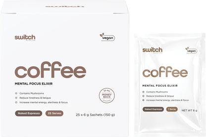 25-pack box and single sachet of Switch Nutrition Coffee Mental Focus Elixir in Naked Espresso flavor.
