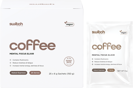 25-pack box and single sachet of Switch Nutrition Coffee Mental Focus Elixir in Naked Espresso flavor.