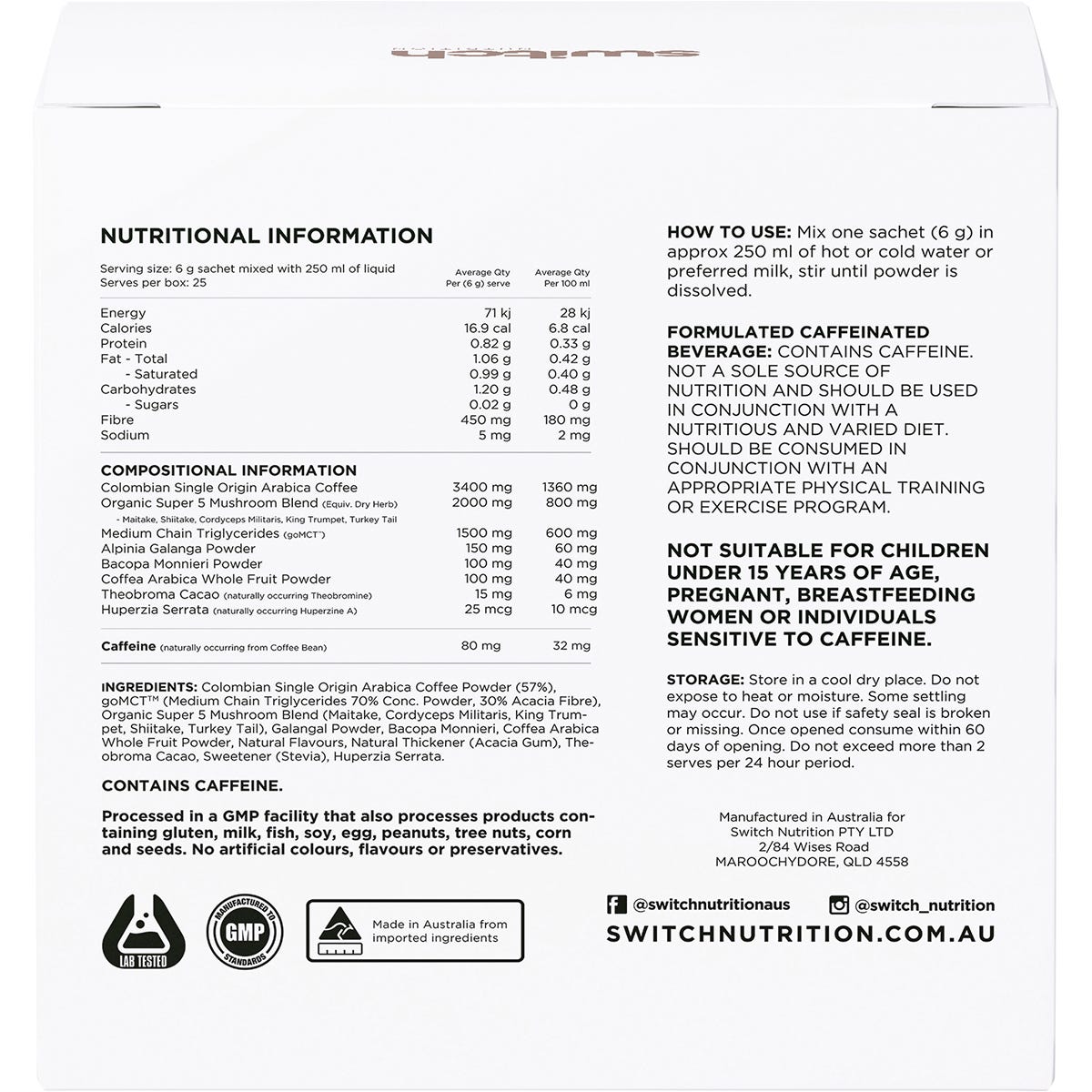 Switch Nutrition Coffee Mental Focus Elixir Naked Espresso 25 Pack