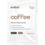 A single 6g sachet of Switch Nutrition Coffee Mental Focus Elixir in sweetened Espresso flavor.