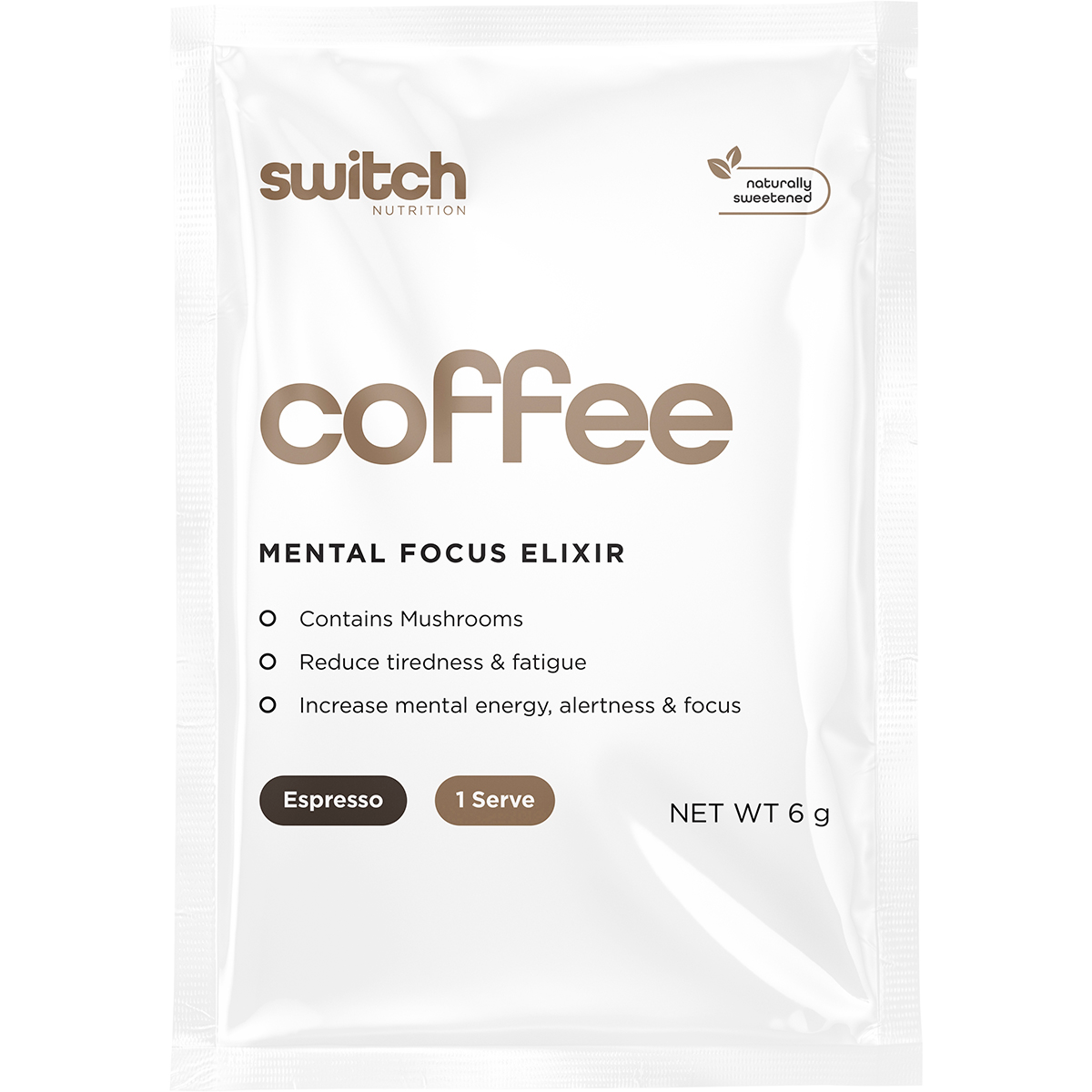 A single 6g sachet of Switch Nutrition Coffee Mental Focus Elixir in sweetened Espresso flavor.